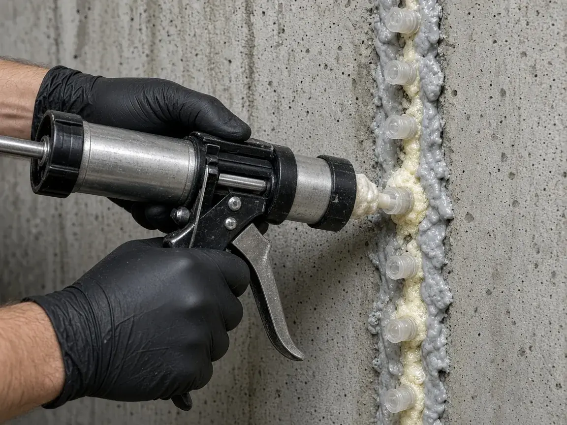 Gloved hands injecting a foundation wall crack