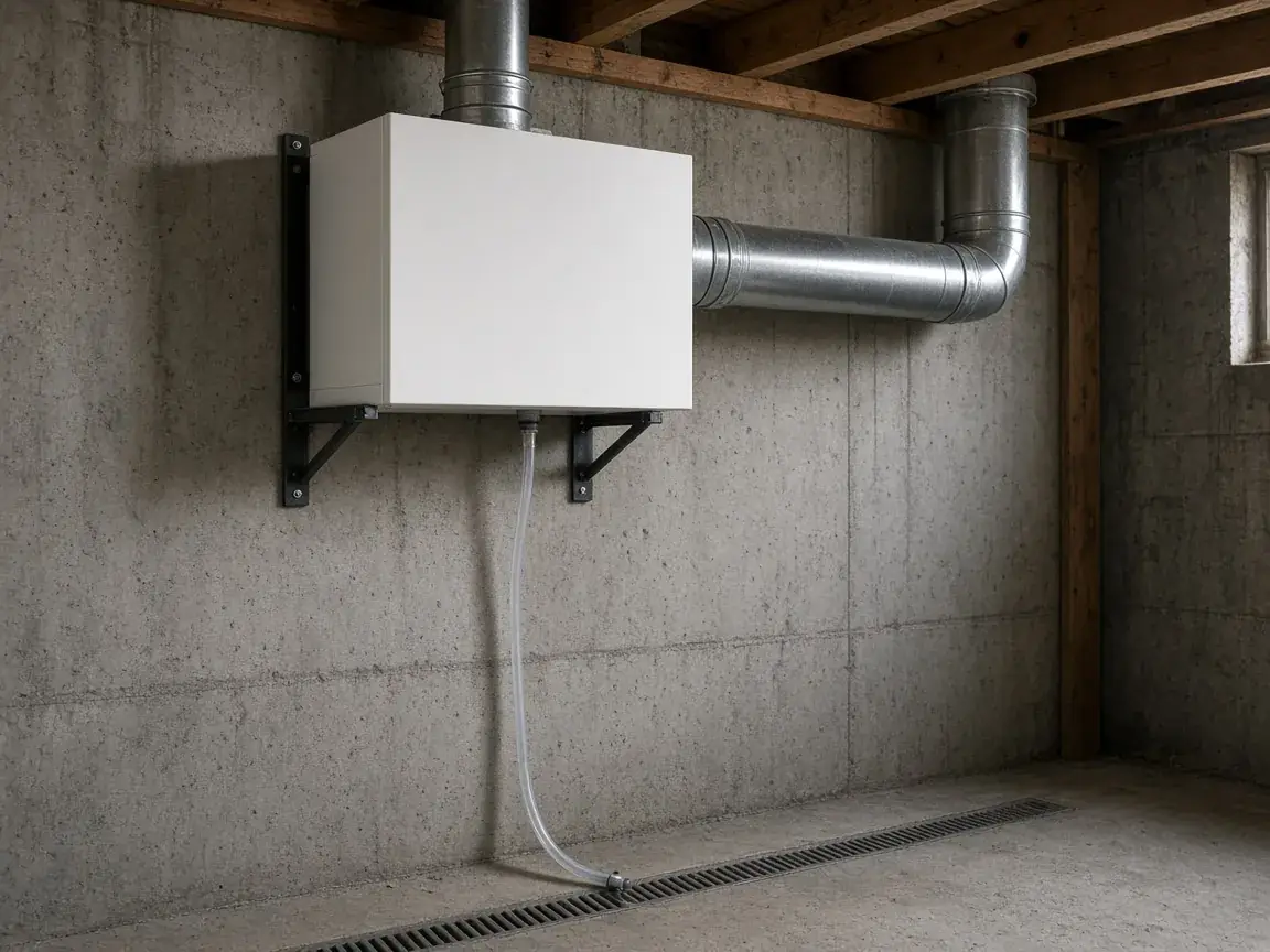 Wall-mounted basement dehumidifier
