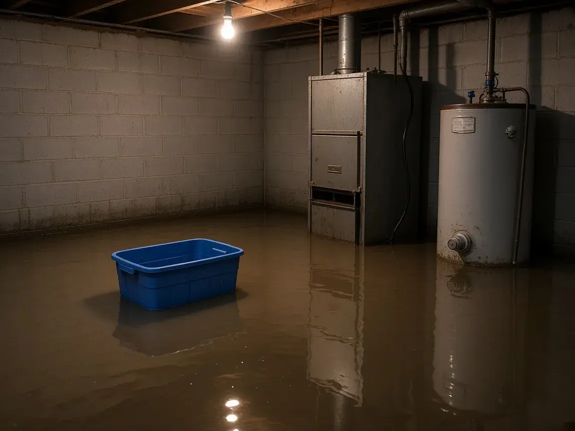 Flooded basement utility room around a furnace and water heater