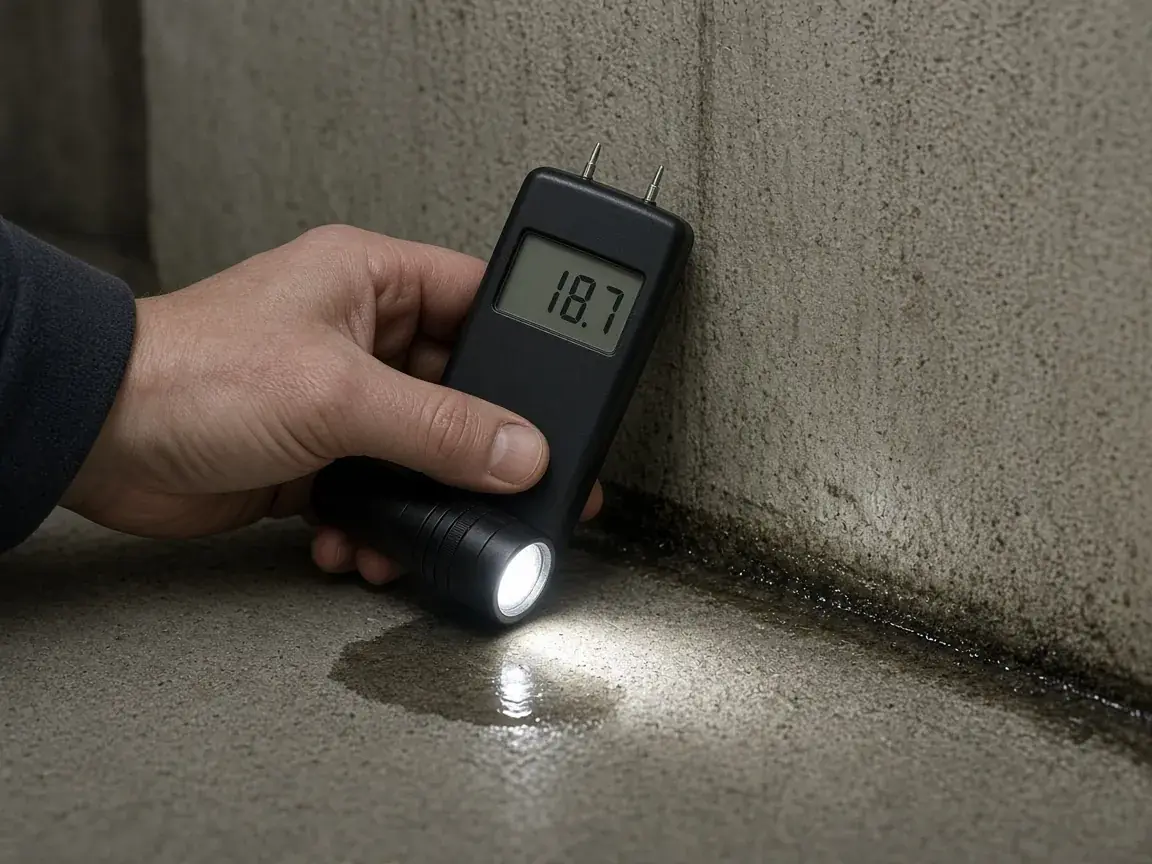 Moisture meter checking the basement floor-wall joint