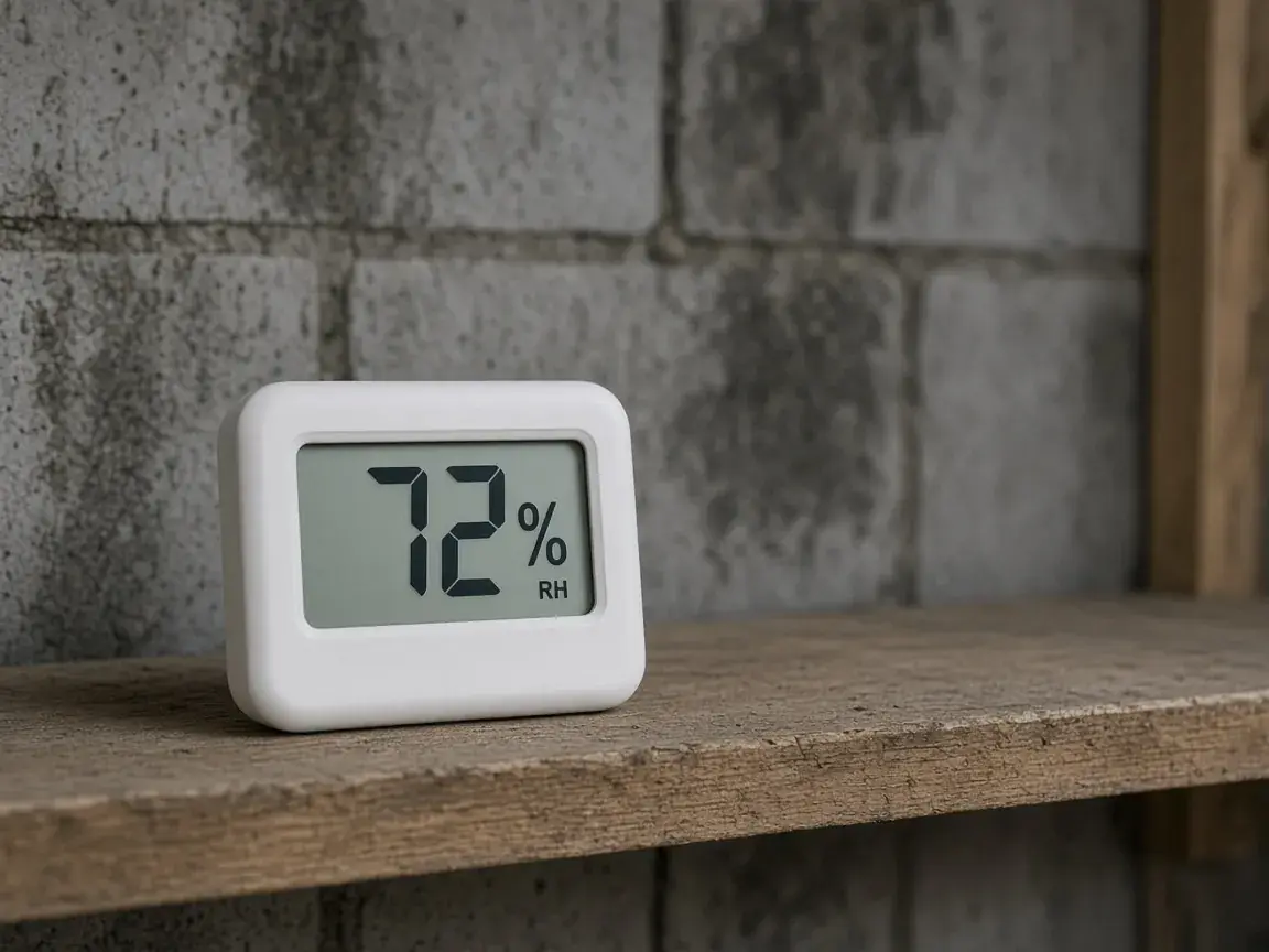 Hygrometer reading 72% humidity in a basement