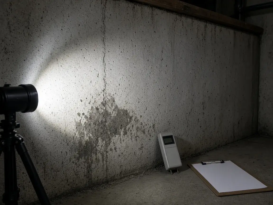 Inspection light on a damp, cracked basement wall with a moisture meter