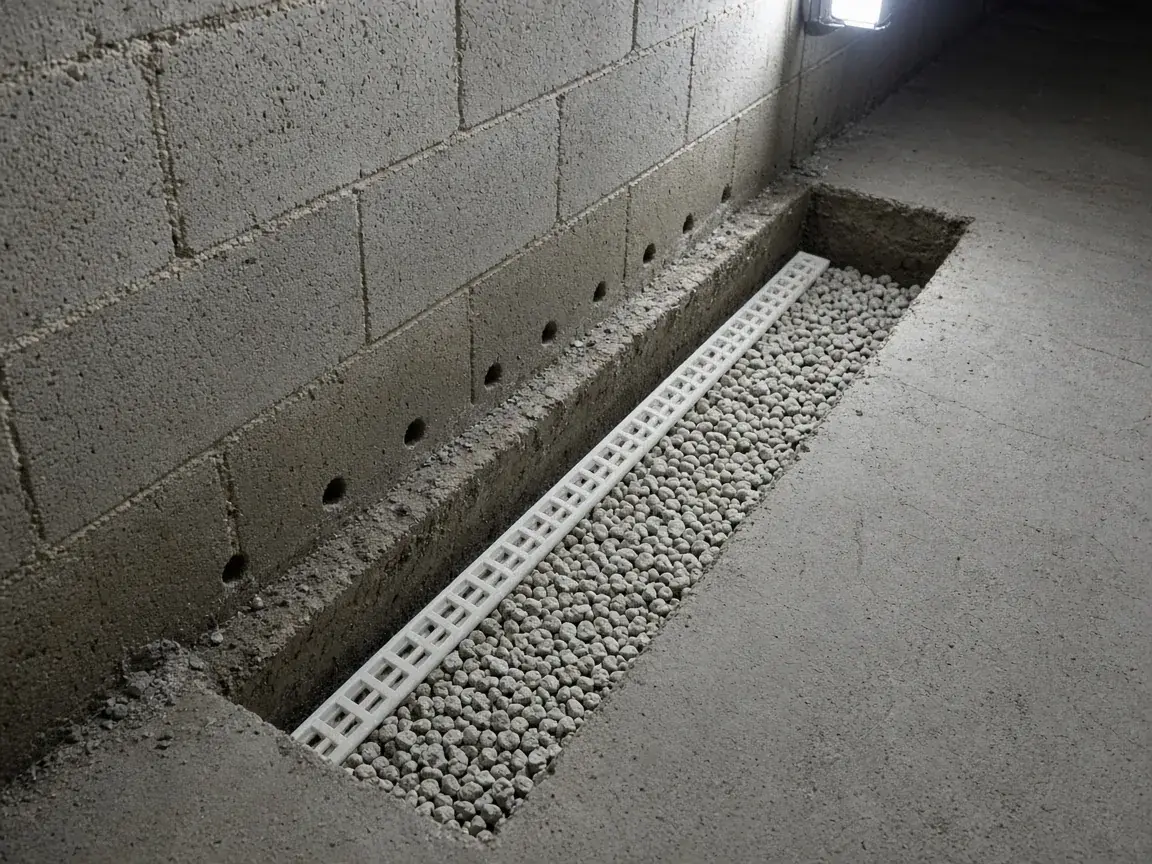 Perimeter drain channel set in a gravel trench