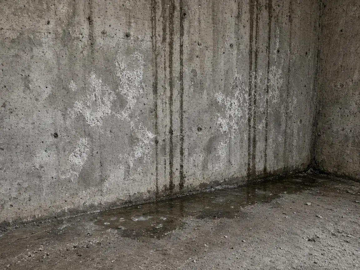 Water seeping at the floor-wall cove joint with white efflorescence