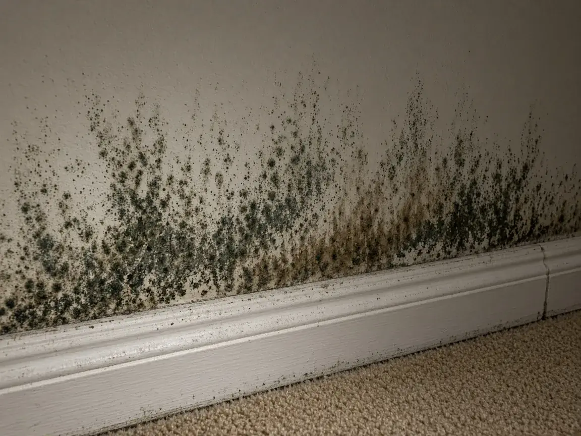Mould growth on basement drywall and baseboard